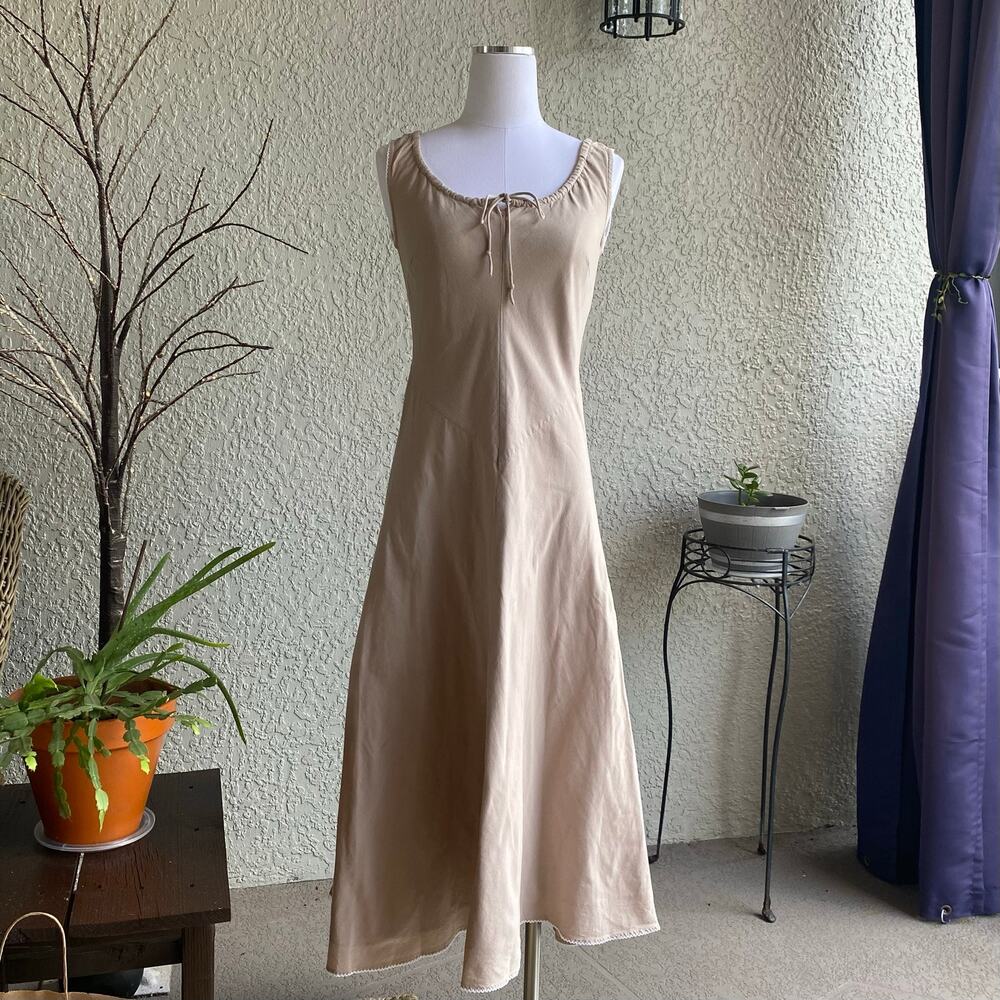 Vintage Cami Midi Dress Linen Cotton Milkmaid Fit Flare Sleeveless Beige Size 6
